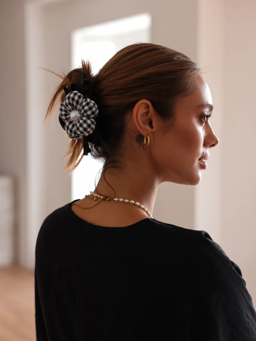 Pearl Floral Black Plaid Haarklammer