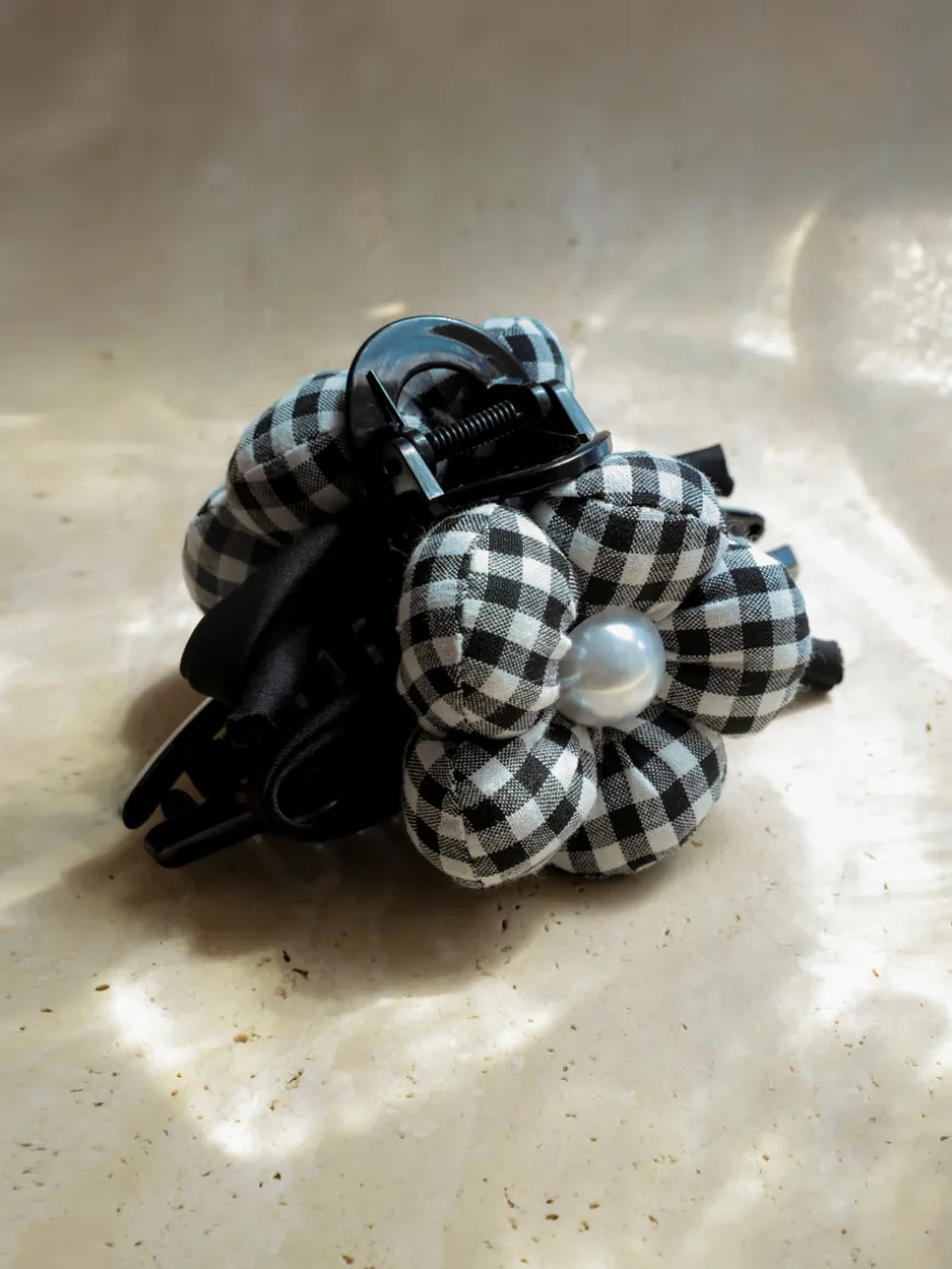 Pearl Floral Black Plaid Haarklammer