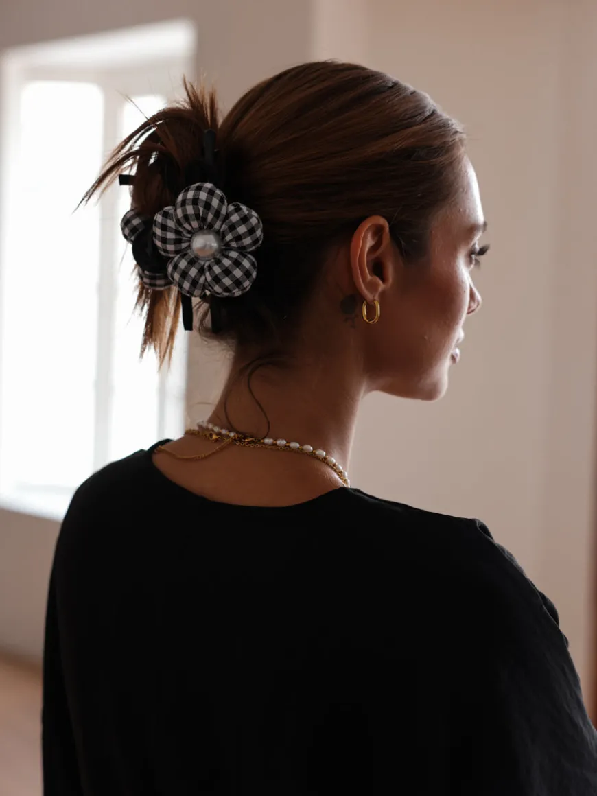 Pearl Floral Black Plaid Haarklammer