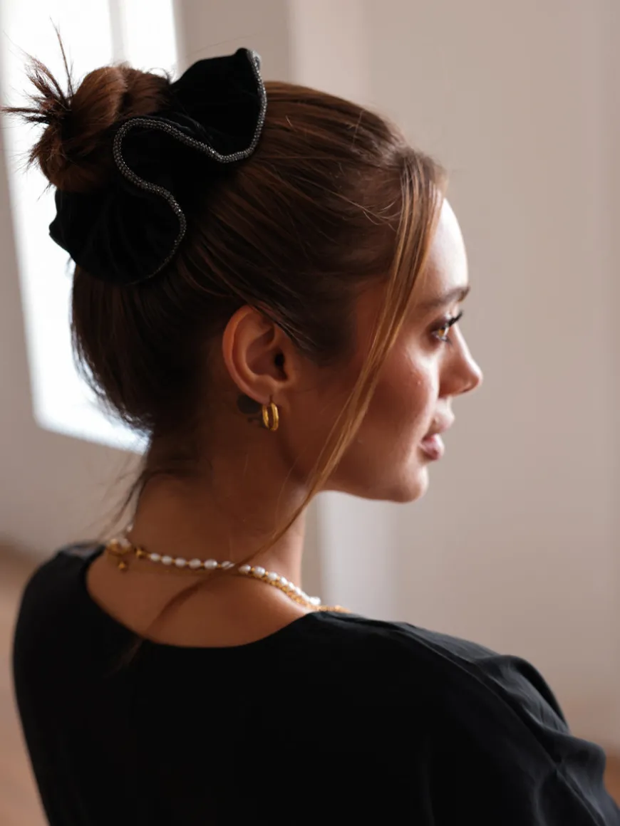 Velvet Glitter Black Scrunchie